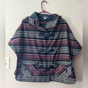 Christopher & Banks plaid button toggle zip up hooded poncho cape size M.